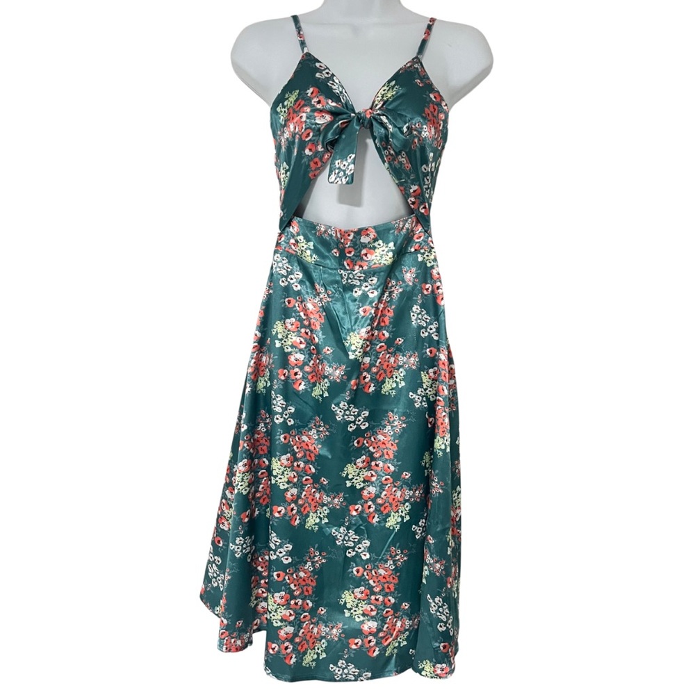 Boho Midi Satin Floral Turquois Slit Dress